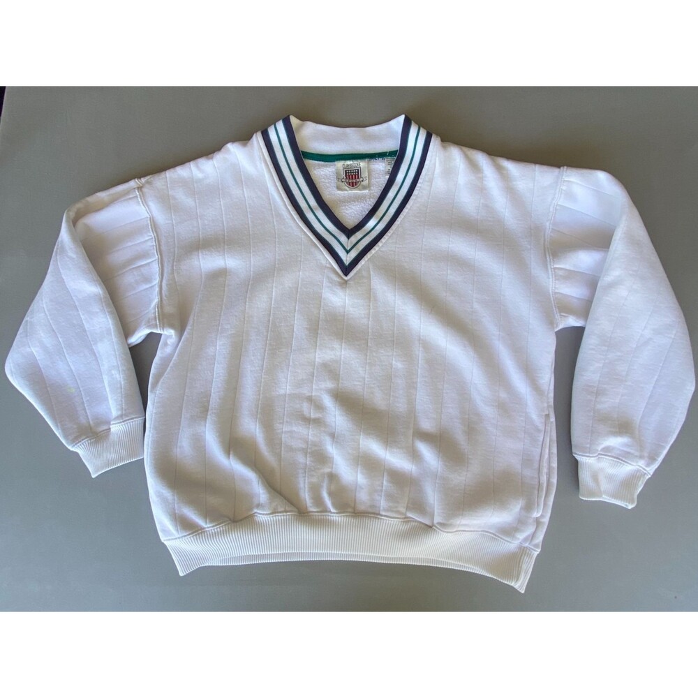 Claybrooke Sport Men's Large Vintage 90s Preppy V-Neck Sweatshirt White
